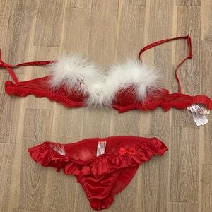 Red and White Feather Trim Lingerie Set